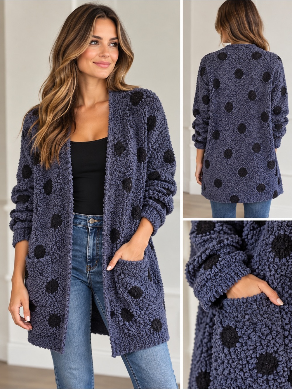 Bobeau Polka Dot Open Front Pocket Boucle Cardigan - Size M